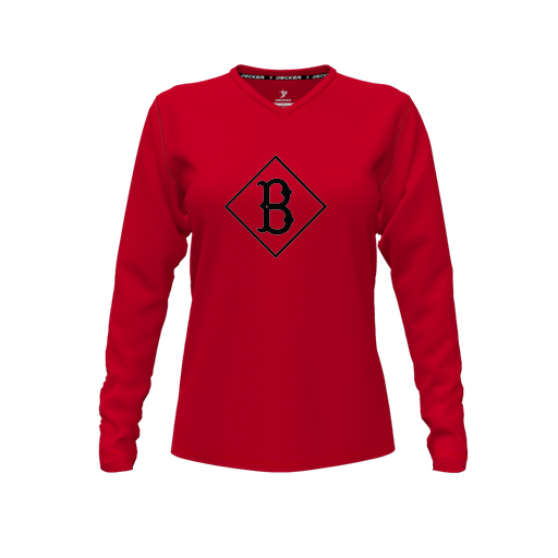 [CUS-DFW-TEES-PER-VNK-LSL-RED-FYXS-LOGO3] Performance T-Shirt (Female Youth XS, Red, V Neck, Logo 3, Long Sleeve)